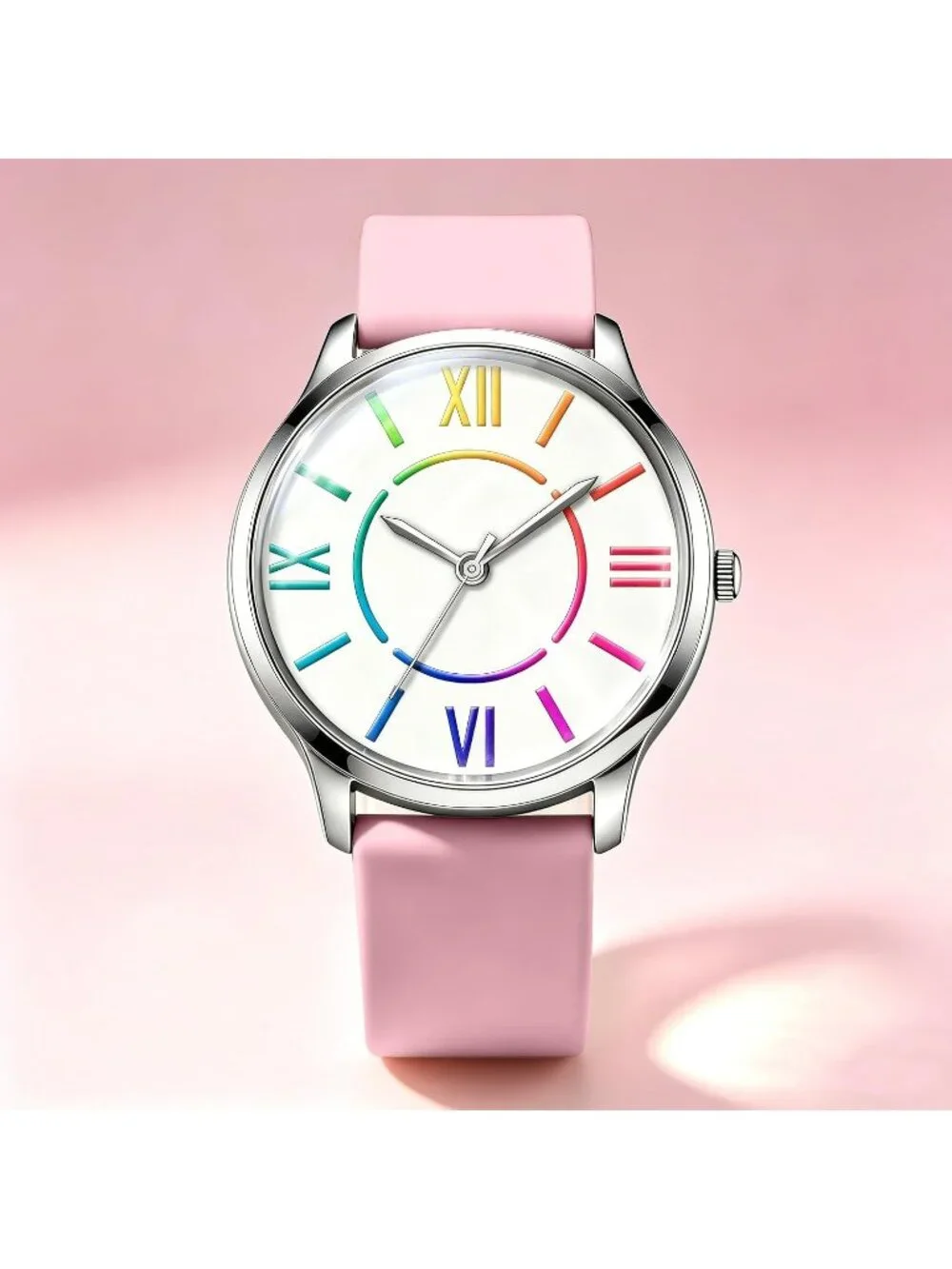 Women's Pink Colorful Roman Numerals Fashion Analog Waterproof Wrist Watch